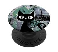 Parisian Rose Retro Green Collage Romantic Floral Black Cat PopSockets Adhesive PopGrip