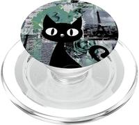 Parisian Rose Retro Green Collage Romantic Floral Black Cat PopSockets PopGrip for MagSafe