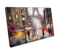 Parisian Street Leading To Eiffel Tower Umbrellas On A Rainy Day Oil Painting Style Wall Art Print On Canvas Picture For Home Office Decor 91x61cm (36x24In)