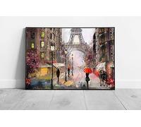 Parisian Street Leading To Eiffel Tower Umbrellas On A Rainy Day Oil Painting Style Wall Art Print on Paper Framed Picture print A4 Print Only (30X21cm)