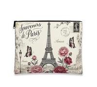 Parisian Vintage Floral Makeup Bag, Paris Tower Cosmetic Travel Pouch for Women, Portable Canvas Zipper Organizer, Spring Skincare Toiletry Bag, Beige, 7x9 Inch, Paris Tower