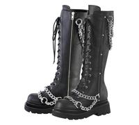 Parisuit Womens Goth Knee High Platform Combat Boots Punk Chain Boots, Black Pu, 7.5 UK