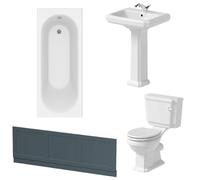 Park Lane® Bathroom Suite 1700mm Single Ended Curved Bath Matt Blue Front Panel Close Coupled Toilet WC Single Flush Cistern Basin Sink Full Pedestal Soft Close Seat Ceramic Traditional White