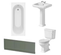 Park Lane® Bathroom Suite 1700mm Single Ended Curved Bath Matt Green Front Panel Close Coupled Toilet WC Single Flush Cistern Basin Sink Full Pedestal Soft Close Seat Ceramic Traditional White