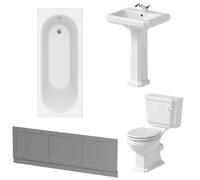 Park Lane® Bathroom Suite 1700mm Single Ended Curved Bath Matt Grey Front Panel Close Coupled Toilet WC Single Flush Cistern Basin Sink Full Pedestal Soft Close Seat Ceramic Traditional White