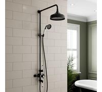 Park Lane® Bathroom Thermostatic Mixer Shower, Traditional Crosshead Exposed Bar Valve Round Drencher Rainfall Head, Hose & Handset, Black