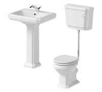 Park Lane® Cloakroom Bathroom Suite Low Level Toilet WC Single Flush Cistern Basin Full Pedestal Soft Close Freestanding Traditional White Gloss