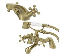 Park Lane® Oxford Bathroom Bath Shower Mixer Basin Mixer Tap Set Pair Round Crosshead Handle Traditional, Brushed Brass