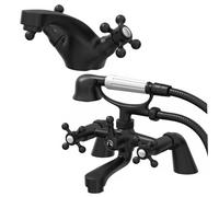 Park Lane® Oxford Bathroom Bath Shower Mixer Basin Mixer Tap Set Pair Round Crosshead Handle Traditional, Black