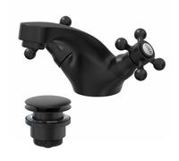 Park Lane® Oxford Bathroom Cloakroom Basin Sink Mixer Tap and Waste Set Traditional Mono Round Twin Crosshead Handle Faucet for Sinks, Matt Black