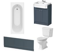 Park Lane Traditional Bathroom Suite with Single Ended Bath, Blue Vanity Unit & Panel - 1700mm