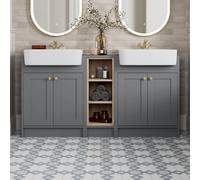 Park Lane Winchester Grey Double Vanity Unit with Basins & Shelves - 1540mm - Brass Handles