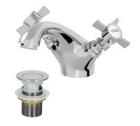 Park Lane® Worcester Bathroom Cloakroom Basin Sink Mixer Tap and Waste Set Traditional Mono Round Twin Crosshead Handle Faucet for Sinks, Chrome