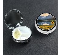 Park Sunflower Landscape Pill Box 3 Compartment Waterproof Pill Container with Mirror Metal Medicine Box Organizer Portable Vitamin Case for Pocket & Purse Travel - Round
