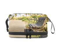 Park Wooden Chair Double Layer Cosmetic Bag for Women and Girls, Travel Toiletry Bag Makeup Handy Pouch Organiser Bag with Brush Compartment