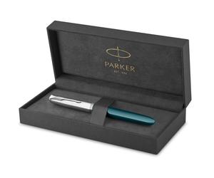 Parker 51 Fountain Pen | Teal Blue Barrel with Chrome Trim | Fine Nib with Black Ink Cartridge | Gift Box