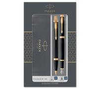 Parker IM Duo Gift Set with Ballpoint Pen & Fountain Pen | Gloss Black with Gold Trim | Blue Ink Refill & Cartridge | Gift Box