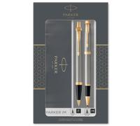 Parker IM Duo Gift Set with Ballpoint Pen & Rollerball Pen, Brushed Metal with Gold Trim, Black Ink Refill & Cartridge, Gift Box,package may vary