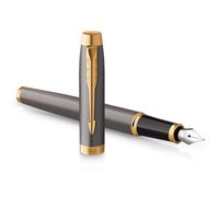 Parker IM Fountain Pen, Grey Lacquer with Gold Trims, Fine Polished Stainless Steel Nib, Blue Ink Cartridge Refill, Gift Box, Perfect Graduation Gifts