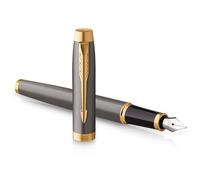 Parker IM Fountain Pen, Grey Lacquer with Gold Trims, Fine Polished Stainless Steel Nib, Blue Ink Cartridge Refill, Gift Box, Perfect Graduation Gifts