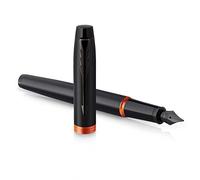 Parker IM Vibrant Rings Fountain Pen | Satin Black Lacquer with Flame Orange Accents | Fine Point with Blue Ink Refill | Gift Box