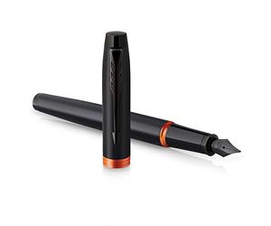 Parker IM Vibrant Rings Fountain Pen | Satin Black Lacquer with Flame Orange Accents | MediumPoint with Blue Ink Refill | Gift Box