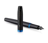 Parker IM Vibrant Rings Fountain Pen | Satin Black Lacquer with Marine Blue Accents | Medium Point with Blue Ink Refill | Gift Box