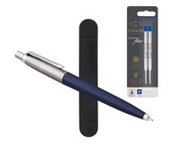 Parker Jotter Ballpoint Pen Navy Blue with Refill & Velvet Pen Pouch | Gift Set | Medium Point | Original Blister | Additional 2x Refillable QuinkFlow Inks