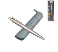Parker Jotter Ballpoint Pen Stainless Steel GT (Medium Tip, Blue Ink) in Blister Pack + Original Grey Zipper Case with Embossed Logo | Elegant Gift Set