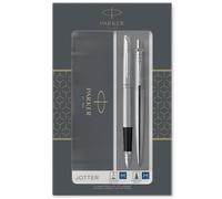 Parker Jotter Duo Gift Set with Ballpoint Pen & Fountain Pen | Stainless Steel with Chrome Trim | Blue Ink Refill & Cartridges | Gift Box