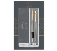 Parker Jotter Duo Gift Set with Ballpoint Pen & Fountain Pen | Stainless Steel with Gold Trim | Blue Ink Refill & Cartridges | Gift Box