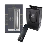 Parker Jotter Duo Gift Set with Ballpoint Pen & Mechanical Pencil (0.5mm), Stainless Steel with Chrome Trim | Gift Set with Branded Pouch Gift Bag | Blue Ink Refill