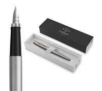 Parker Jotter Fountain Pen | Stainless Steel with Gold Trim | Medium Nib Blue Ink | Includes Gift Box