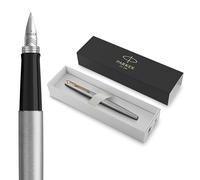 Parker Jotter Fountain Pen | Stainless Steel with Gold Trim | Medium Nib Blue Ink | Includes Gift Box