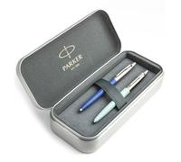 Parker Jotter Originals Blue Denim and Arctic Blue Ballpoint Pen Gift Set with Elegant Metal Case Logo