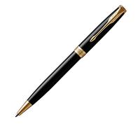 PARKER Sonnet Ballpoint Pen, Black lacquer, Gold Trims, Medium point, Black ink refill - Gift Set + brown pen pouch