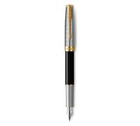 PARKER Sonnet Fountain Pen | Premium Metal and Black Gloss Finish with Gold Trim | Medium 18k Gold Nib with Black Ink Cartridge | Gift Box