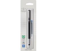 Parker Vector Fountain Pen | Black with Chrome Trim | Medium Nib | Blue Ink