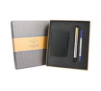 Parker Vector Stainless Steel Gold Trim Roller Ball Pen and Card Holder, Blue Ink, Medium Point - Ideal Gift Set for Professionals and Students