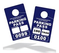 Parking Permit Hang Tags Numbered 001-100 - 3x5 Inch Blue Cardstock Temporary Passes for Rearview Mirror, Bulk Lot for Apartments & Events