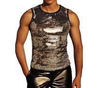 PARKLEES Men's 70s Metallic Sparkle Sequin Tank Top Champagne Gold XXL