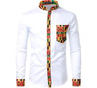 PARKLEES Men's African Dashiki Tribal Graphic Patchwork Long Sleeve Printed Grandad Collar Shirt PZZCL46 White XL