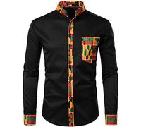 PARKLEES Men's African Dashiki Tribal Graphic Patchwork Long Sleeve Printed Grandad Collar Shirt PZZCL46 Black XL