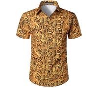 PARKLEES Men's Animal Print Shirt Casual Snake Pattern Short Sleeve Button Down Shirt Gold Yellow X-Large