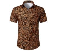 PARKLEES Men's Animal Print Shirt Short Sleeve Button Down Shirt 70s Party Disco Brown Tiger Print XX-Large
