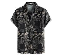 PARKLEES Men's Casual Linen Flower Print Shirt Short Sleeve Button up Hawaiian Shirts Hipster 70s Hippie Tops Black Flower XX-Large