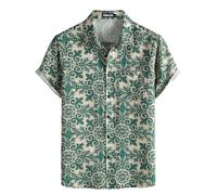 PARKLEES Men's Casual Linen Hawaiian Shirt Short Sleeve Button Down Retro Shirts Hipster 70s Hippie Tops Green Rence Large