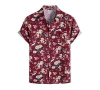 PARKLEES Men's Casual Linen Hawaiian Shirt Short Sleeve Button Down Shirts 70s Hippie Beach Vacation Tops Red Flower XXX-Large