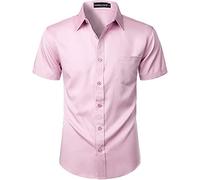 PARKLEES Mens Casual Urban Stylish Slim Fit Short Sleeve Button Up Dress Shirt with Pocket EU-ZLSC15 Pink XXX-Large