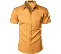 PARKLEES Mens Casual Urban Stylish Slim Fit Short Sleeve Button Up Dress Shirt with Pocket EU-ZLSC15 Golden XXX-Large